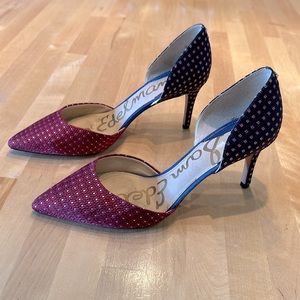Sam Edelman red and blue 3” high heel shoe, fabric upper, leather sole, size 8.